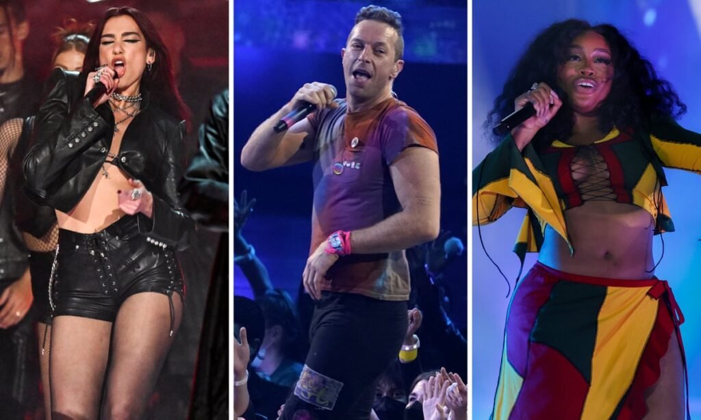 Dua Lipa, Coldplay, and SZA performing live, headliners of Glastonbury 2024.