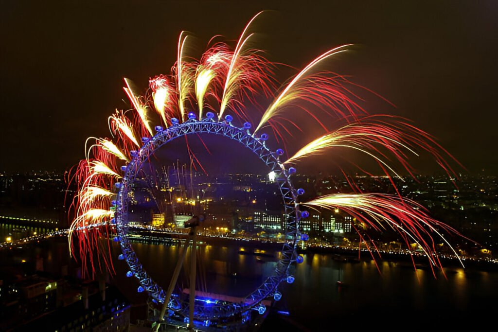 London Eye - Millennium Wheel, a must-visit landmark during London’s New Year’s Eve celebrations. London Eye at night with vibrant lights, offering stunning views of the city during New Year's Eve celebrations.