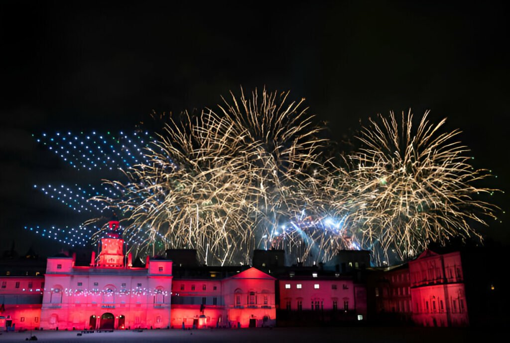 Celebrate New Year’s Eve in London with stunning fireworks and festivities. Exciting New Year's Eve celebrations in London with fireworks lighting up the night sky.