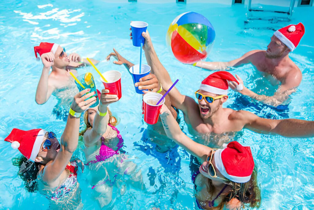 Take a refreshing swim at Hampton Pool on Christmas Day People swimming in the heated Hampton Pool during Christmas