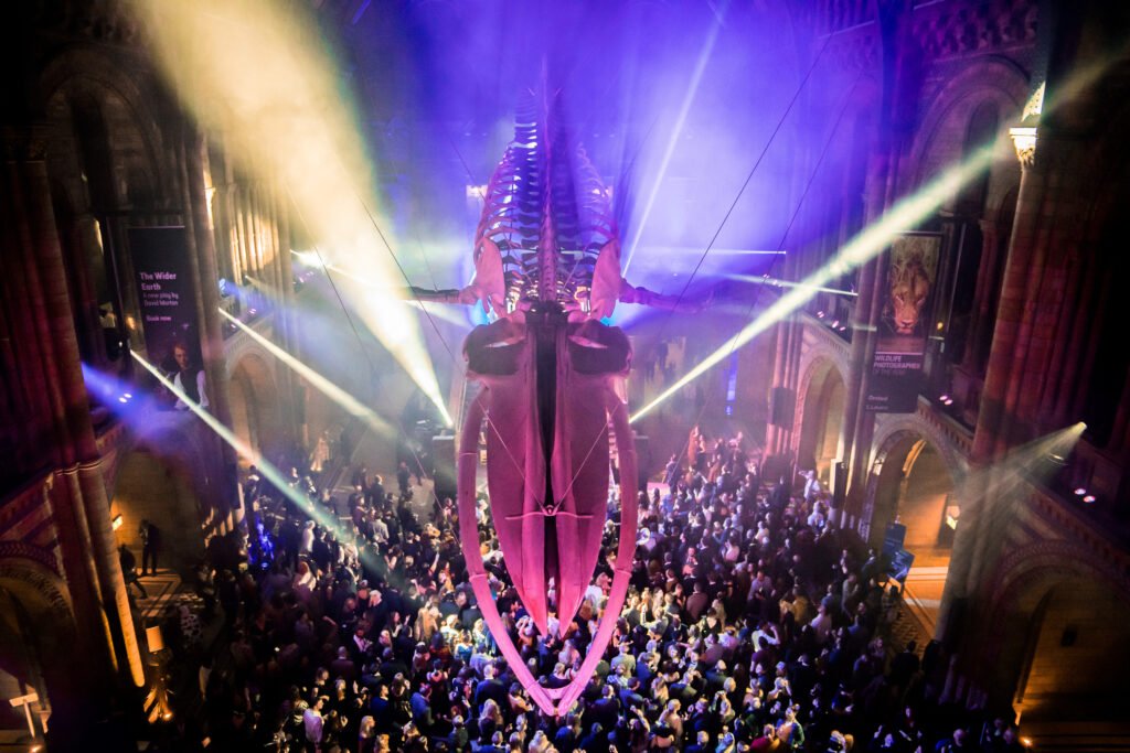 Valentine's Silent Disco at the Natural History Museum London - A night of music and nature People dancing and enjoying the Valentine's Silent Disco party at the Natural History Museum under the blue whale skeleton