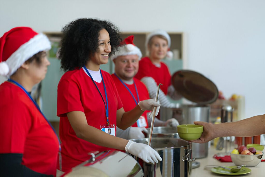 Volunteer on Christmas Day in London to help those in need Volunteers helping others on Christmas Day in London, spreading joy and kindness