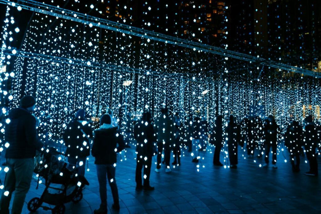 People enjoying the lights at Canary Wharf Winter Lights 2025 in London. Visitors enjoying light installations at Canary Wharf Winter Lights 2025 festival in London.