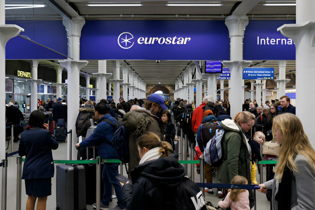 Discover great deals and prices for Eurostar train tickets at the station People waiting at the Eurostar train station, ready to take advantage of affordable prices for Eurostar train tickets