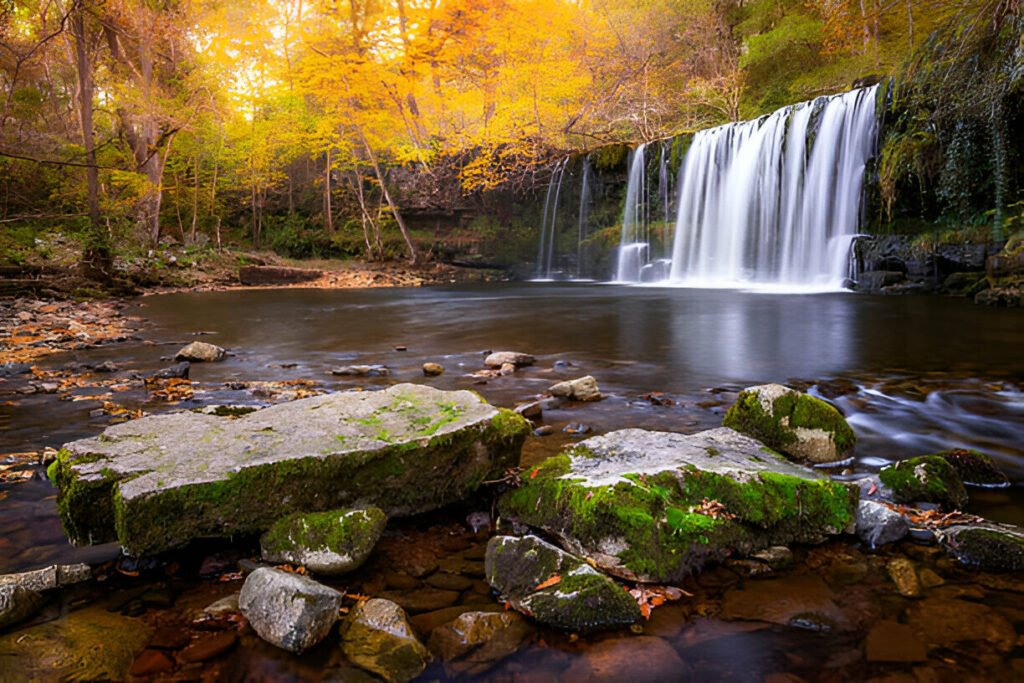 A peaceful waterfall flowing through green forests at Brecon Beacons National Park, Wales, UK – explore more with HouseToMotive. A beautiful waterfall in Brecon Beacons National Park, Wales, UK, surrounded by green trees and rocks