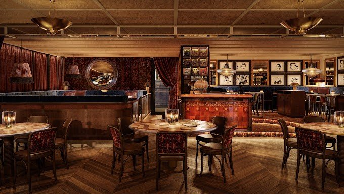 Hovarda Floating Restaurant in Canary Wharf A stylish floating restaurant with elegant lighting in Canary Wharf.
