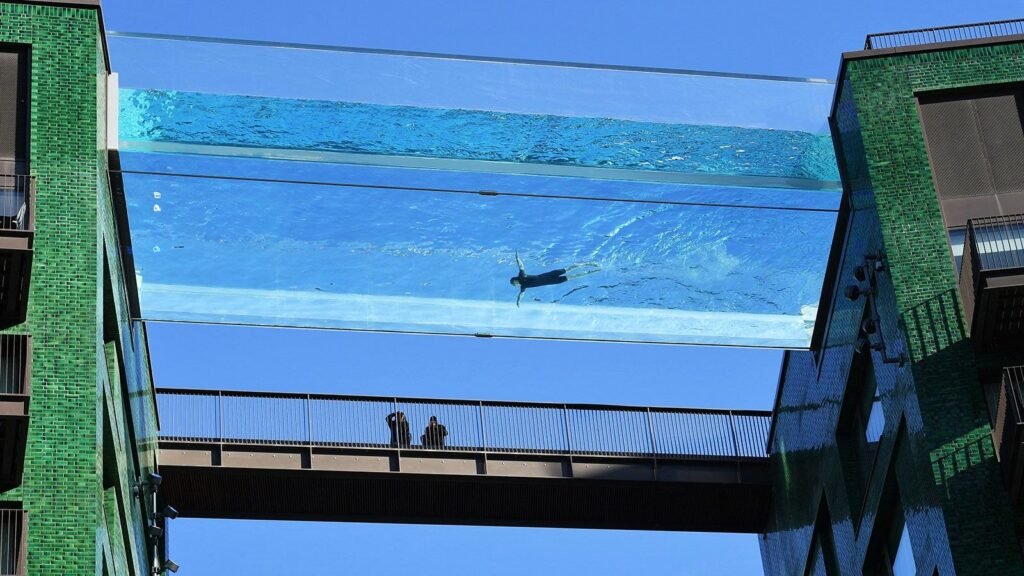 Sky Pool at Embassy Gardens London A transparent Sky Pool suspended between two buildings in Nine Elms, London