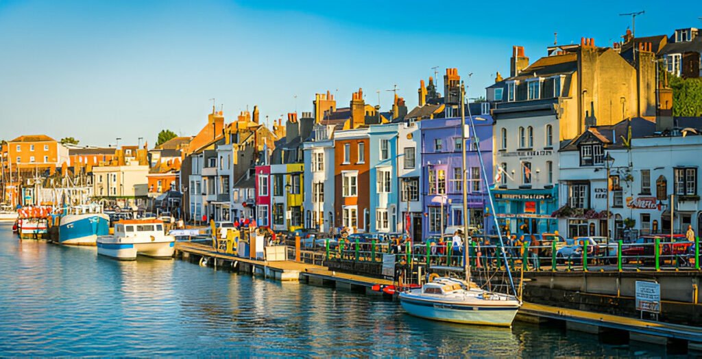Weymouth, a charming coastal town in Dorset, England, with sandy beaches and a historic harbour. Beautiful seaside town of Weymouth in Dorset, England, featuring sandy beaches and a scenic harbour.