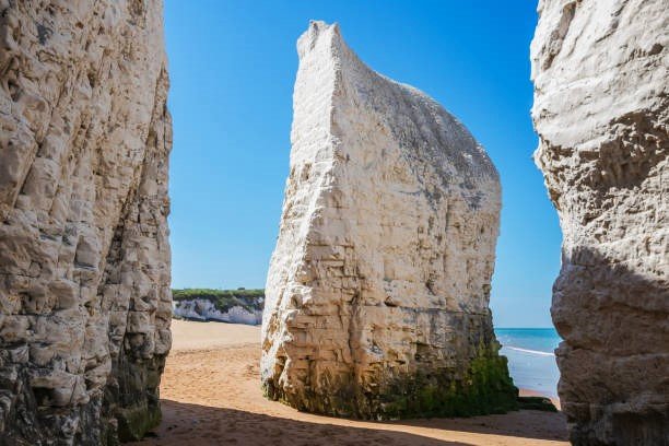 Botany Bay Beach – Best beach day trip from London for a seaside escape A stunning view of Botany Bay Beach in Kent, with golden sand, turquoise water, and white chalk cliffs under a bright blue sky