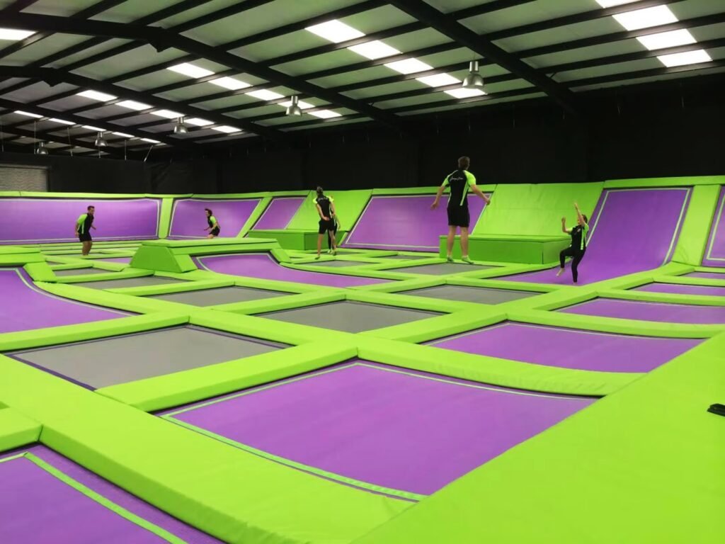 Large trampoline area for unlimited bouncing and fun arge interconnected trampolines covering the floor and walls